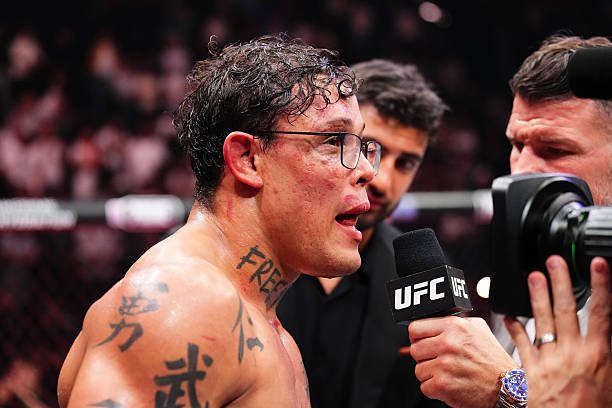 PARIS, FRANCE – SEPTEMBER 06: Caio Borralho of Brazil is interviewed after his loss to Nassourdine Imavov of Russia in their middleweight fight during the UFC Fight Night event at The Accor Arena on September 06, 2025 in Paris, France.