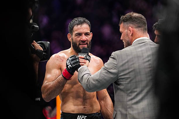 Nassourdine Imavov (FRA) red gloves and Caio Borralho (BRA) blue gloves, Middleweight Bout (-84 kg) during the UFC Fight Night at The Accor Arena on September 6, 2025 in Paris, France.