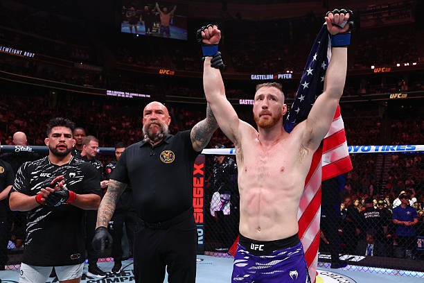 Joe Pyfer reacts after a victory against Kelvin Gastelum